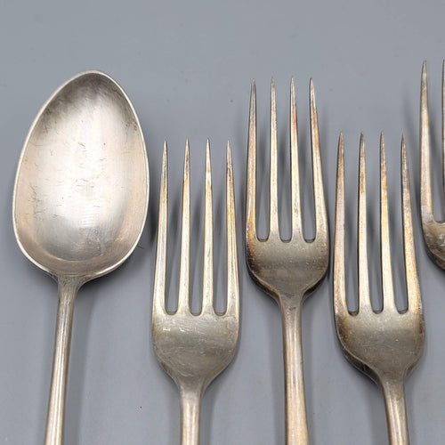 Antique James Dixon Silver plate 7 Forks Spoon Crest Monogram Heraldic Set