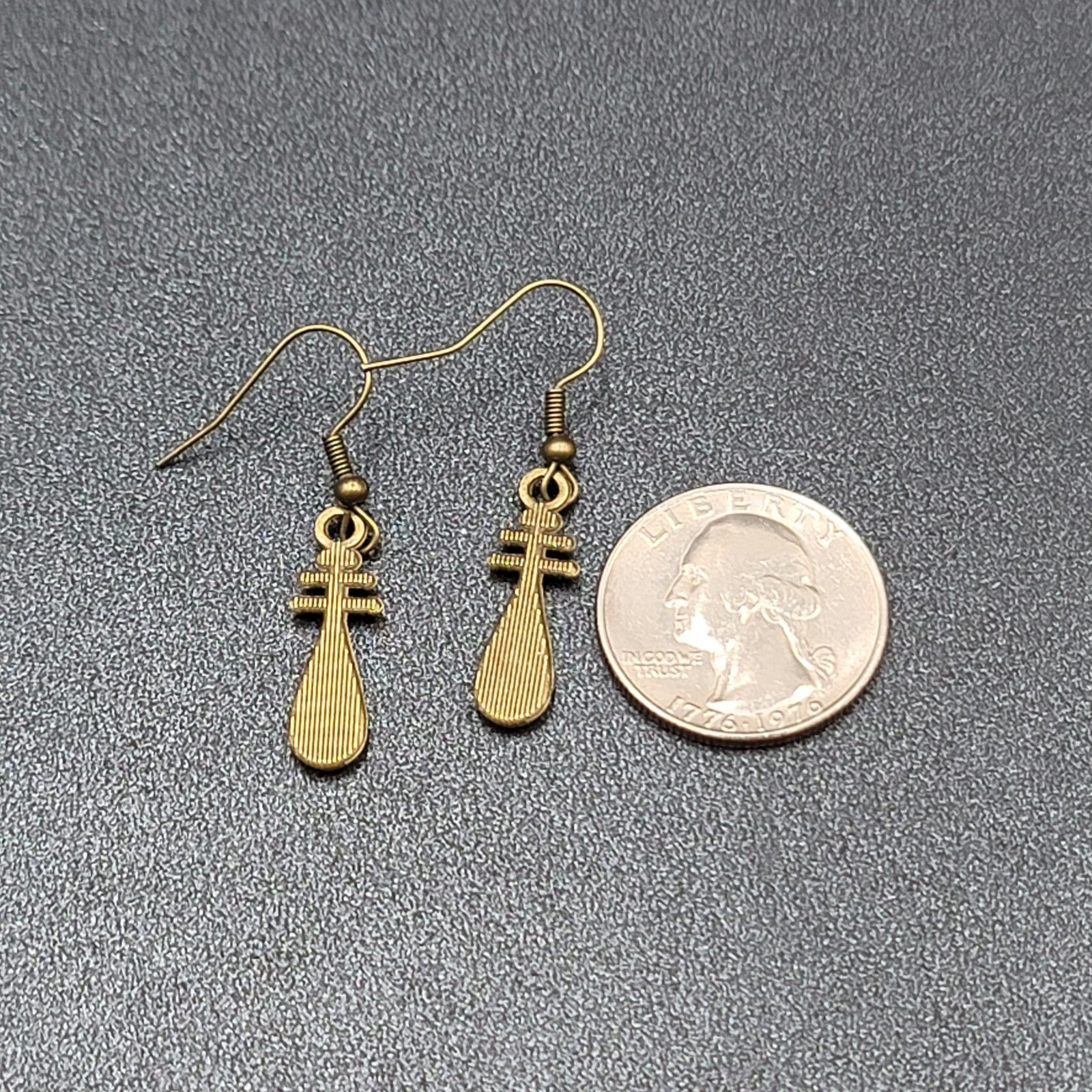 Lute Pierced Earrings Bronze tone Embossed Dangle New 1"