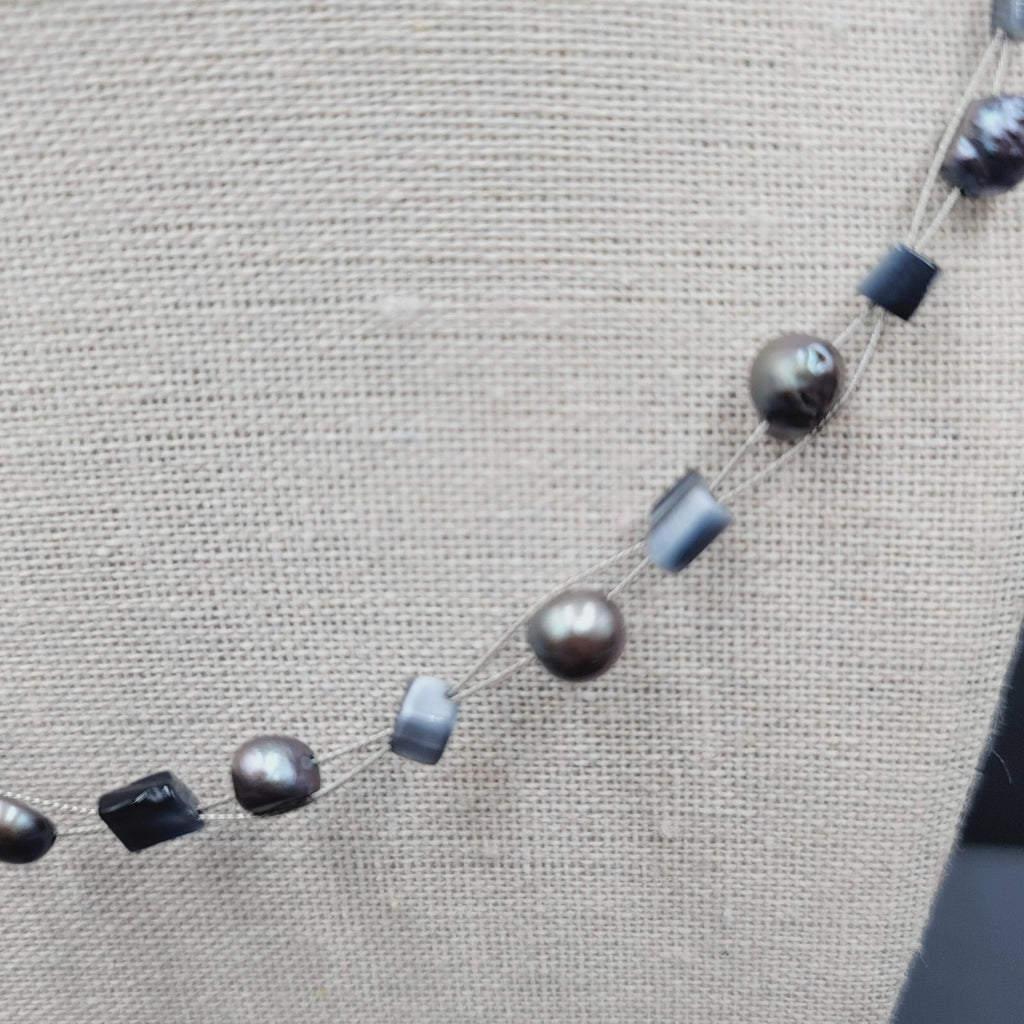 Multi Strand Pearl Station Floating Beads Necklace 18"