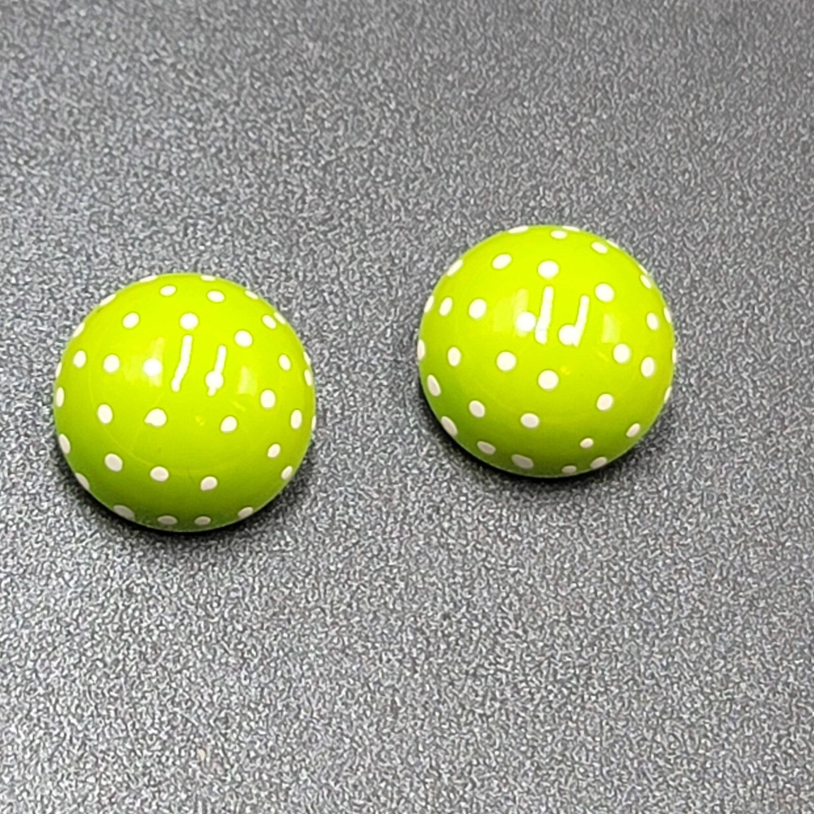 Vintage Clip on Earrings Hand Painted Green Enamel Polka Dot Dome Studs 3/4"