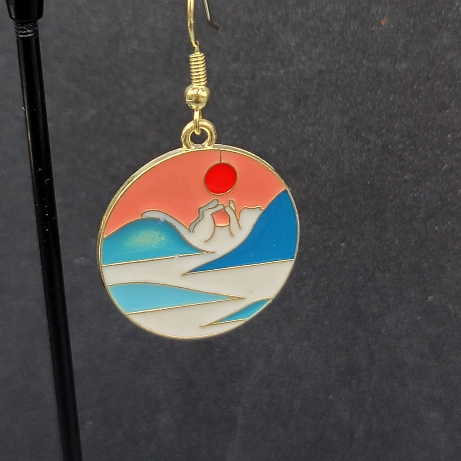Kitty Cat Playing w Sun Pierced Earrings Japanese Style Art Gold tone Dangle 1"