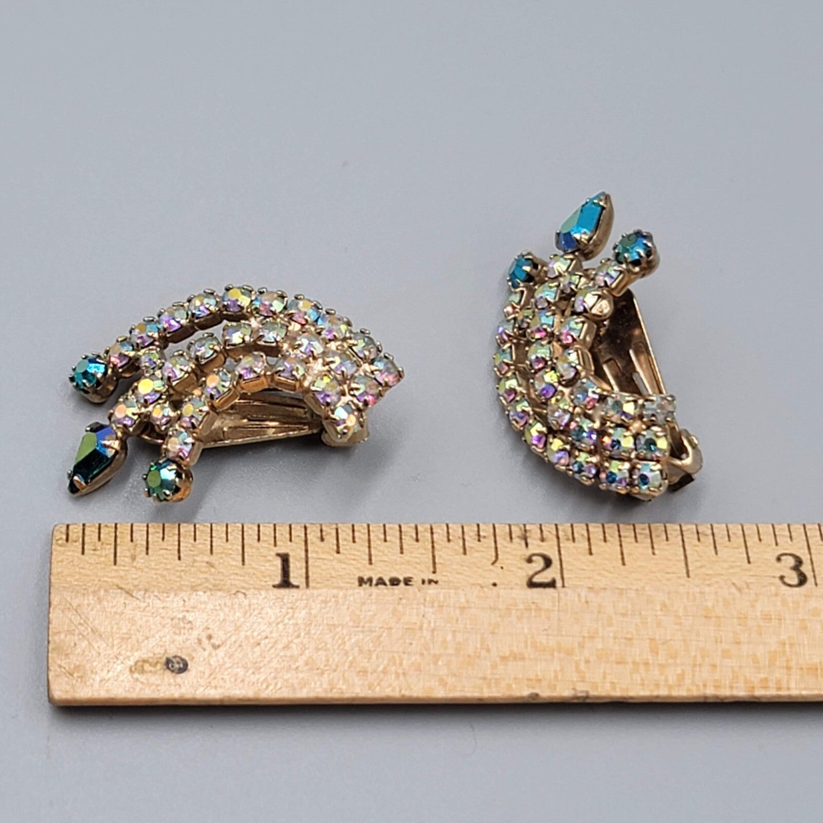 Vintage Clip on Earrings Multicolor AB Rhinestone Climber Spray 1 3/8"