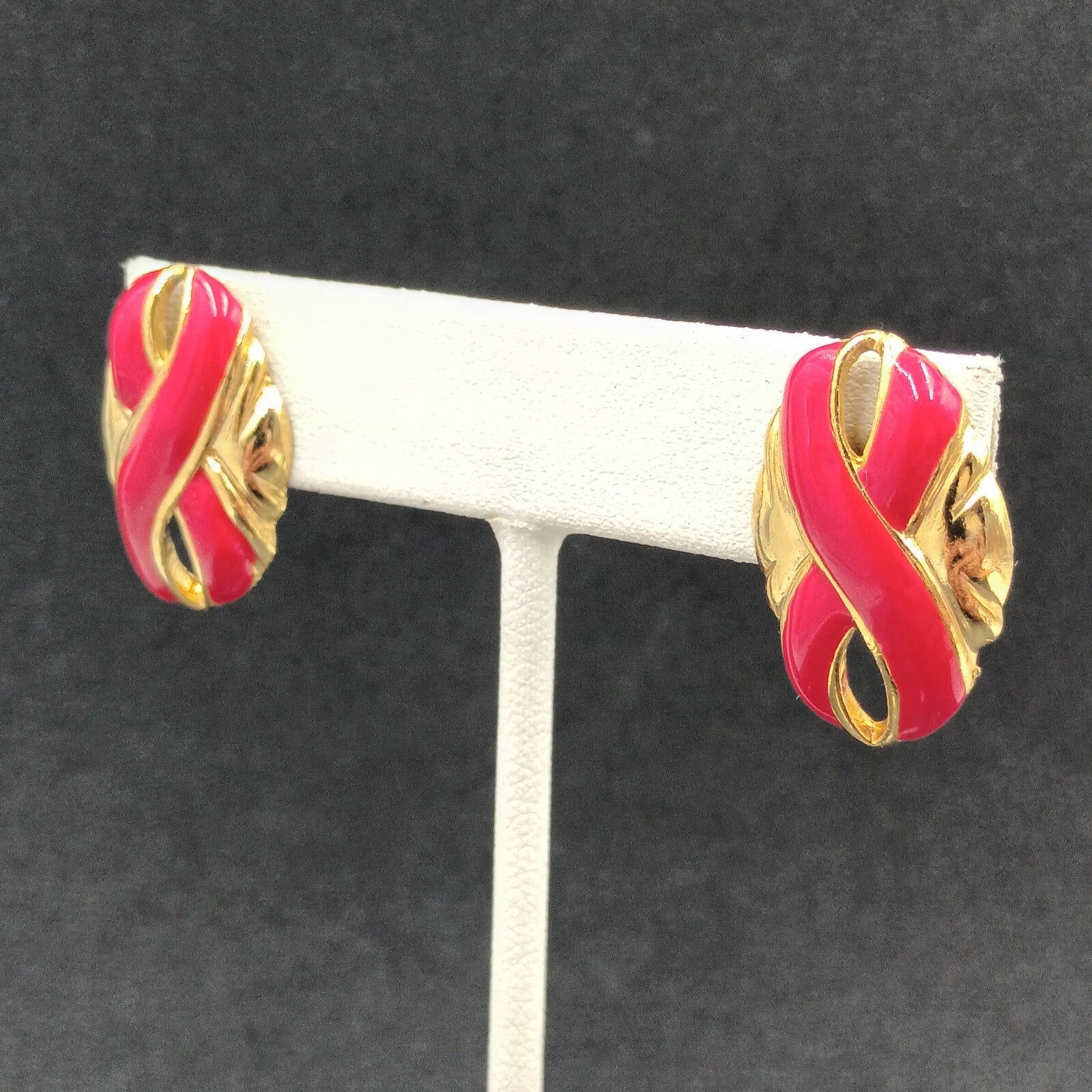 Vintage Pierced Earrings Red Enamel Infinity Gold tone Oval Drop 1"