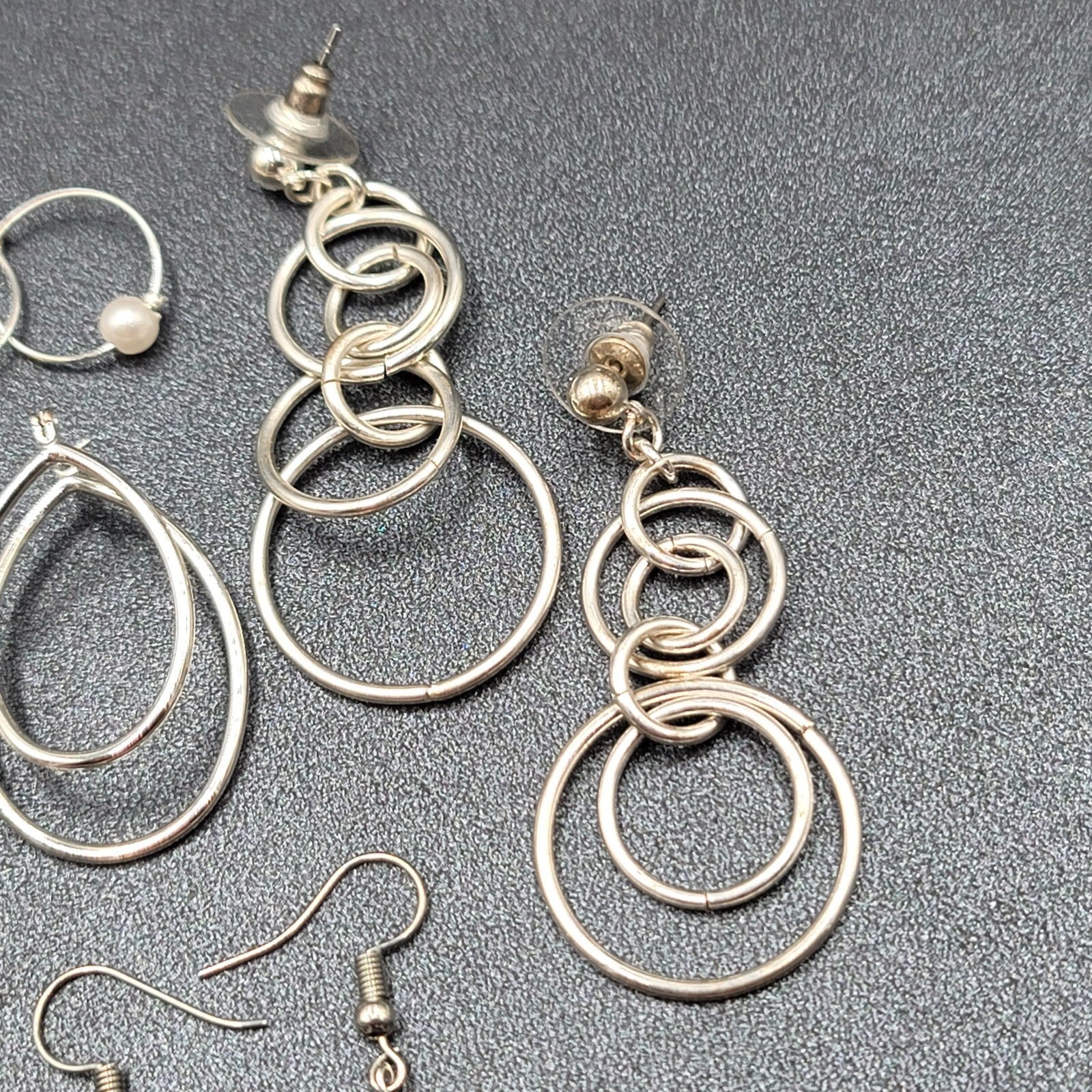 Lot of 7 Pierced Earrings Silver tone Teardrop Butterfly Hoops Wearable