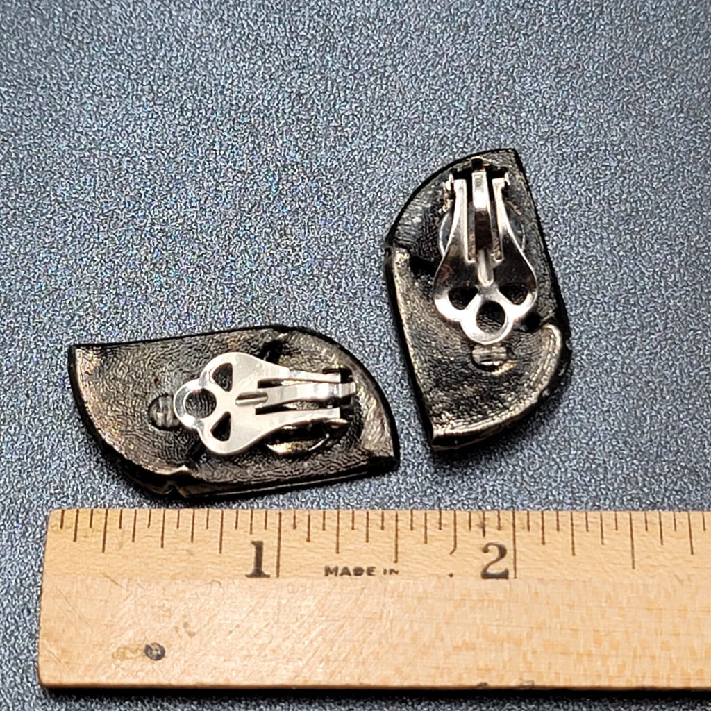 Vintage Clip on Earrings Black Metal Clear Rhinestones 1.5"