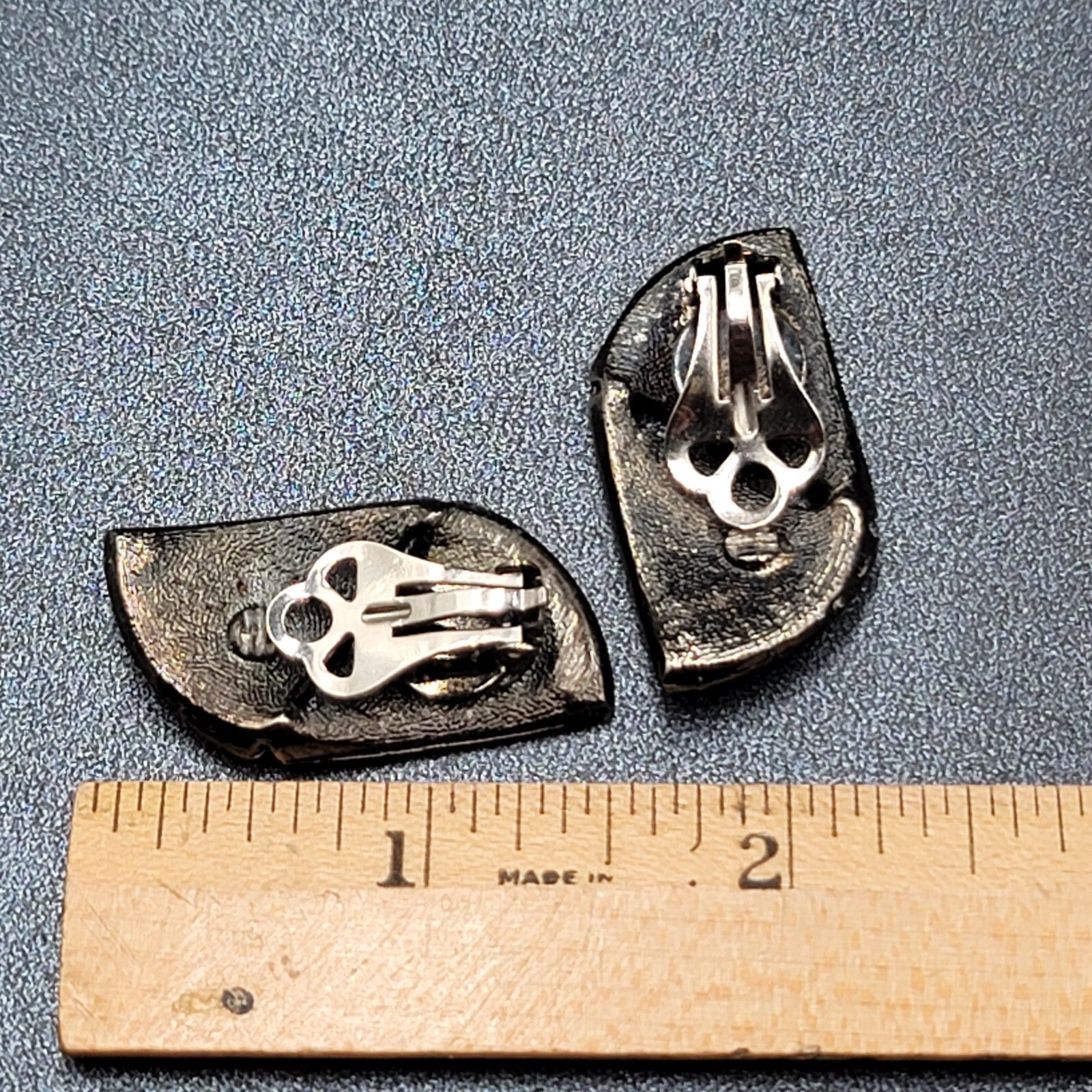 Vintage Clip on Earrings Black Metal Clear Rhinestones 1.5"