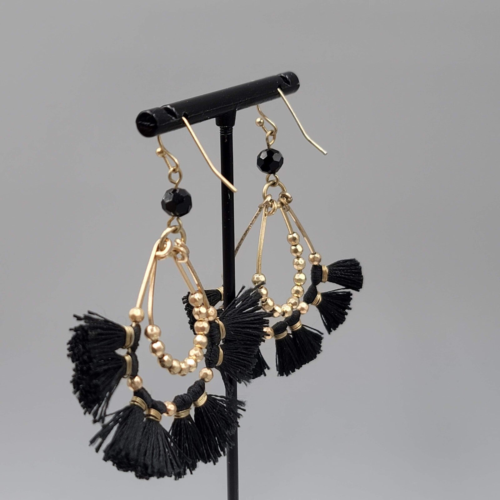 Pierced Earrings Gold tone Black Tassel Teardrop Dangle 2.5"
