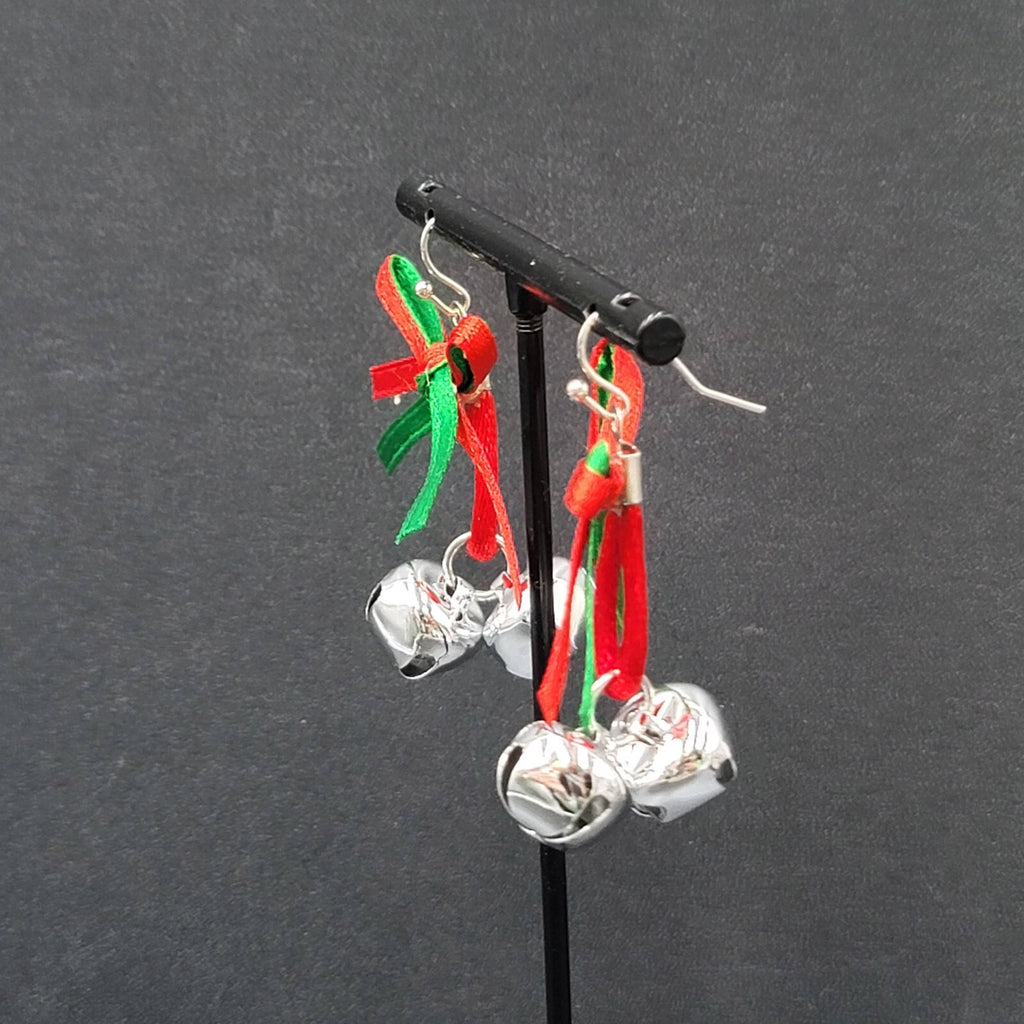 Christmas Holiday Pierced Earrings Ribbon Jingle Bells 1.5"
