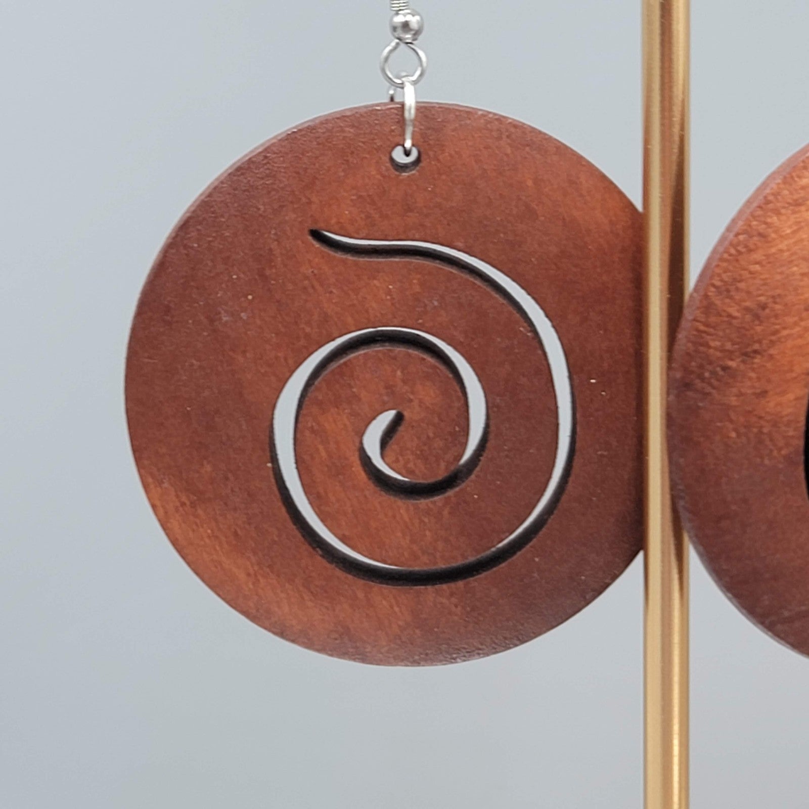 Wood Cut Large Round Swirl Boho Pierced Earrings Silver tone Dangle 2 in