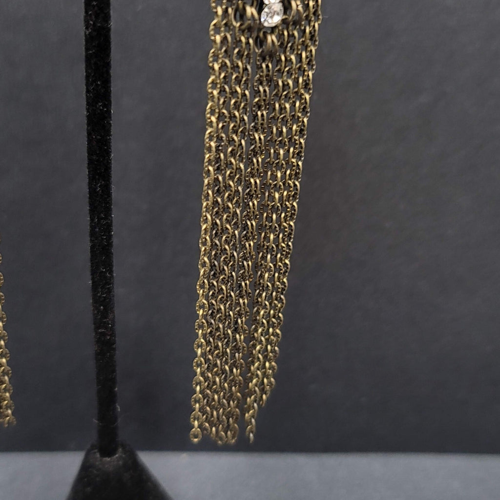 Pierced Earrings Bronze tone Sparkle Rhinestone Chain Dangle Long 4.5"