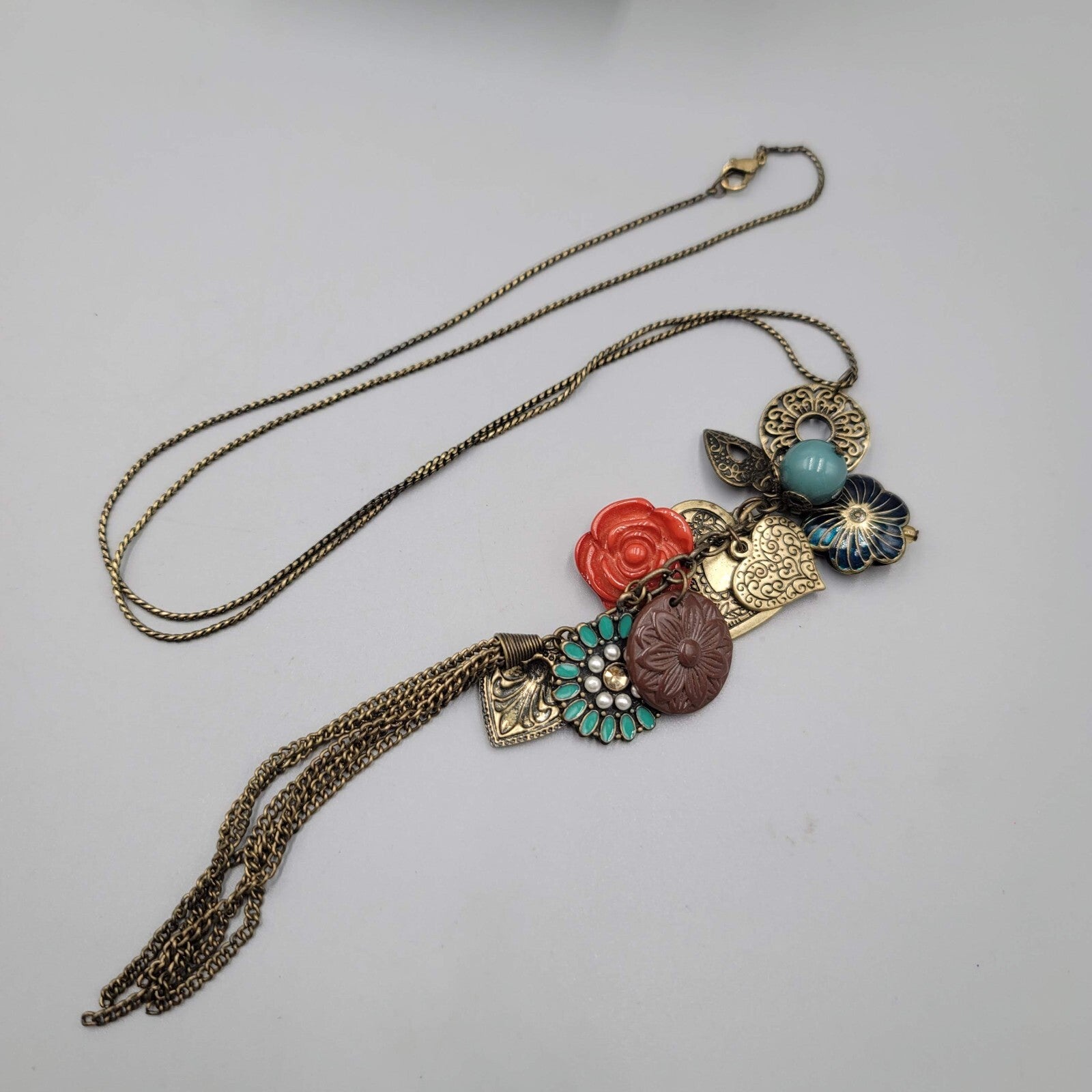 Tassel Pendant Long Necklace Bronze tone Chain 26"