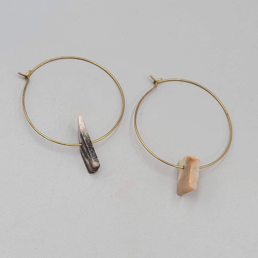 Asymmetrical Stone Hoop Pierced Earrings Gold tone Hoops 2"