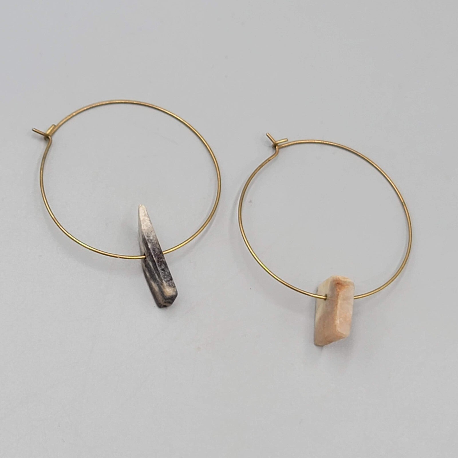 Asymmetrical Stone Hoop Pierced Earrings Gold tone Hoops 2"