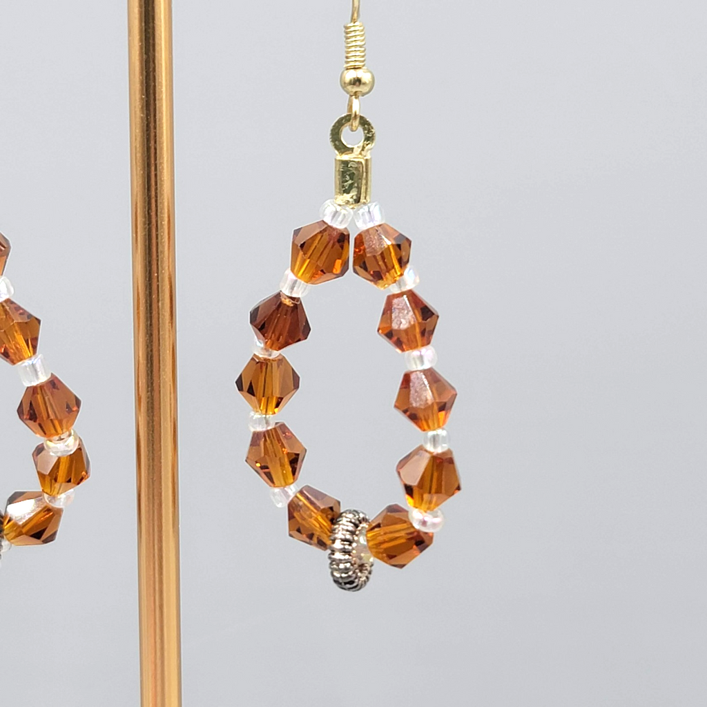 Brown Crystal Bead Pierced Earrings Gold tone Dangle 1.75"