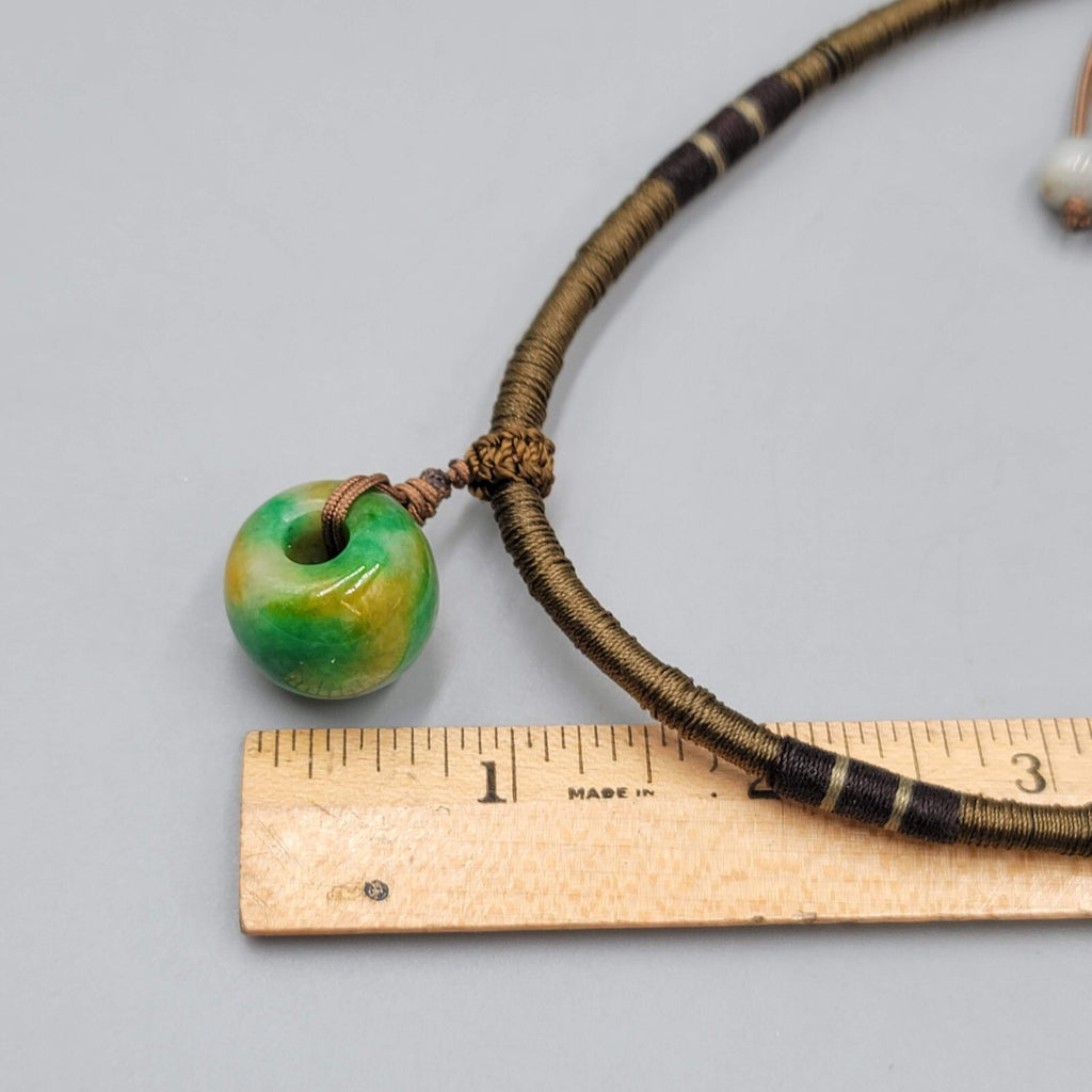 Artisan Green Yellow Stone  Bead Pendant Boho Necklace Adjustable Thread Wrapped