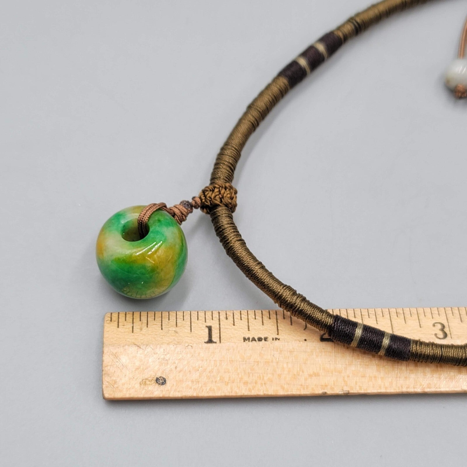 Artisan Green Yellow Stone  Bead Pendant Boho Necklace Adjustable Thread Wrapped