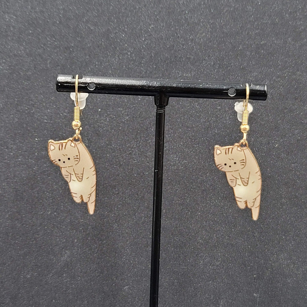 Kitty Cat Pierced Earrings Gray Tabby Kitten Dangle Gold tone 1"