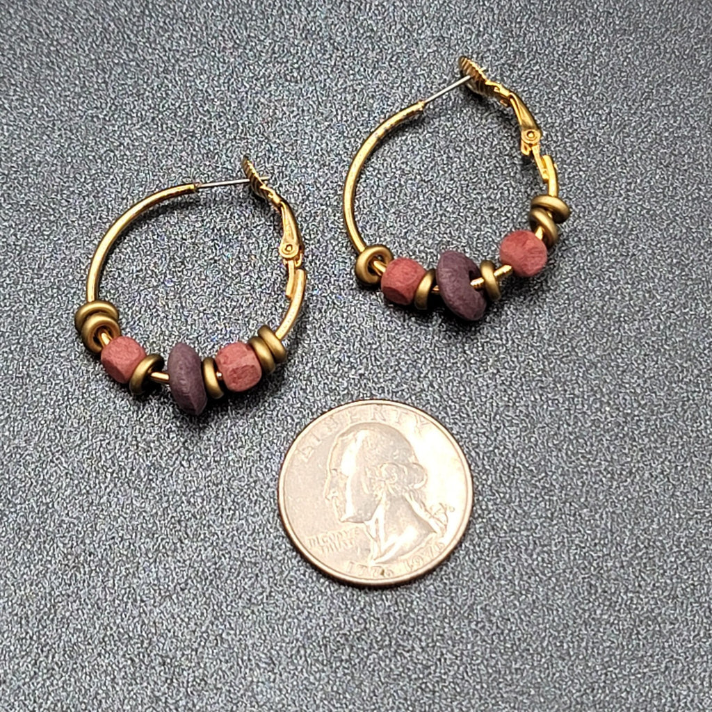 Vintage Pierced Earrings Gold tone Pink Purple Wood Beaded Hoops 1"