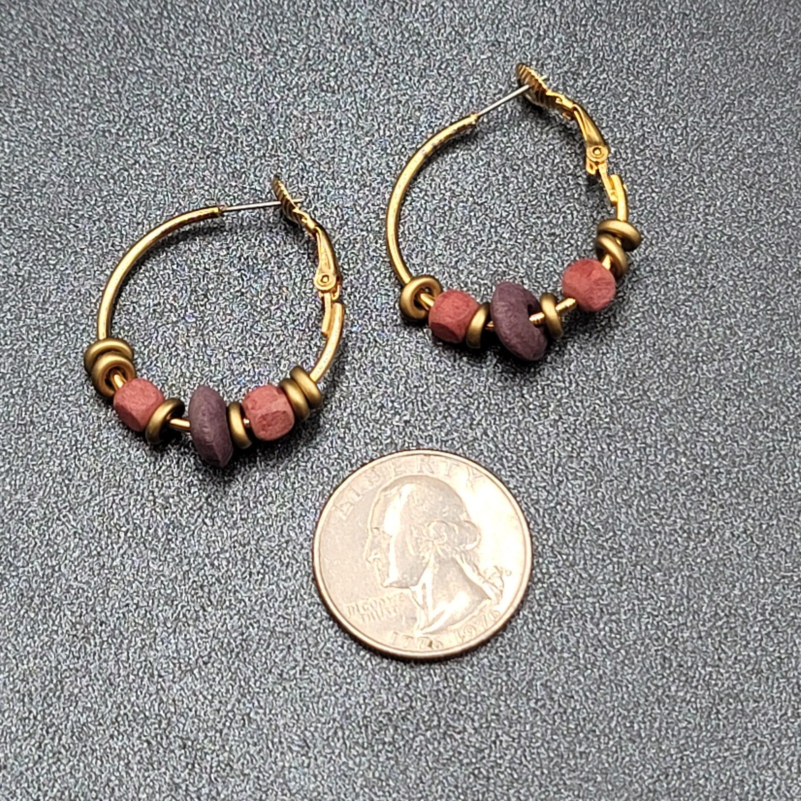 Vintage Pierced Earrings Gold tone Pink Purple Wood Beaded Hoops 1"