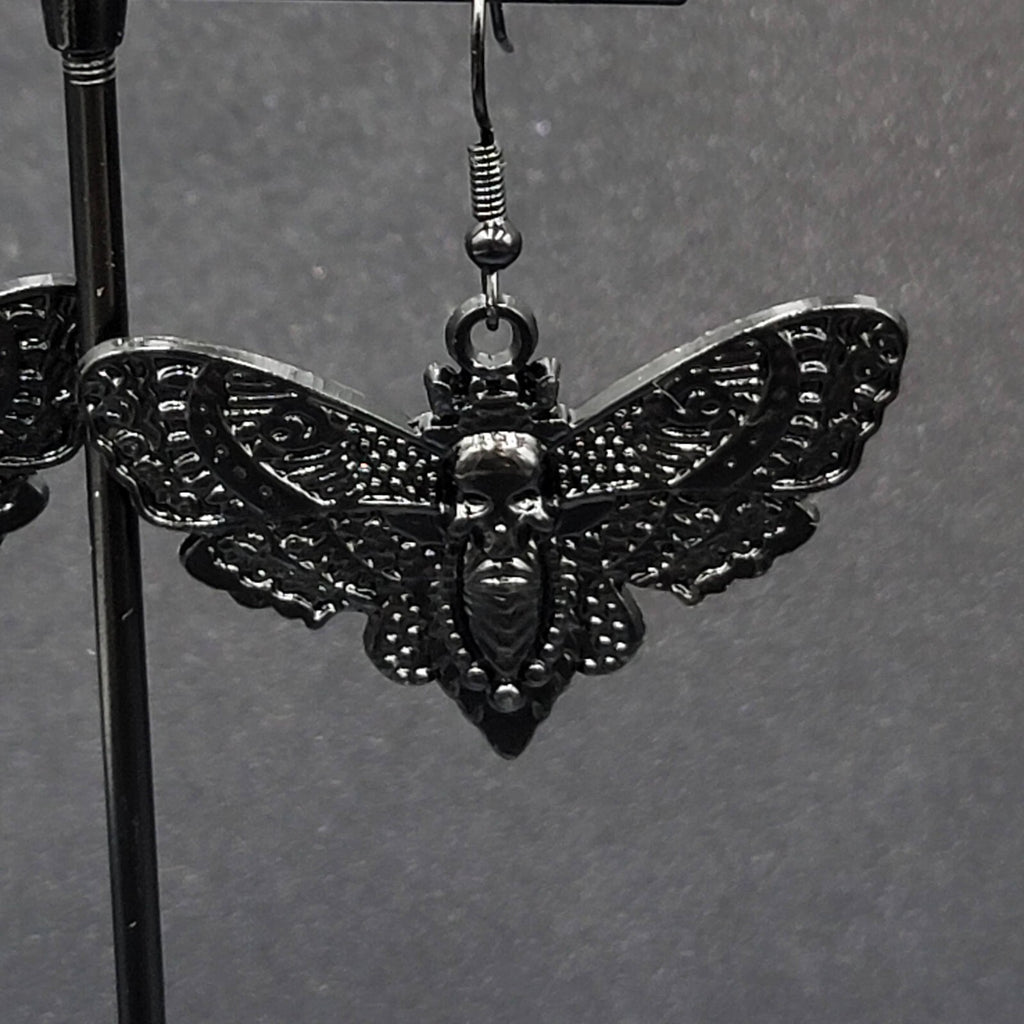 Death Head Moth Pierced Earrings Black Enamel Dangle 1" x 1 5/8" 