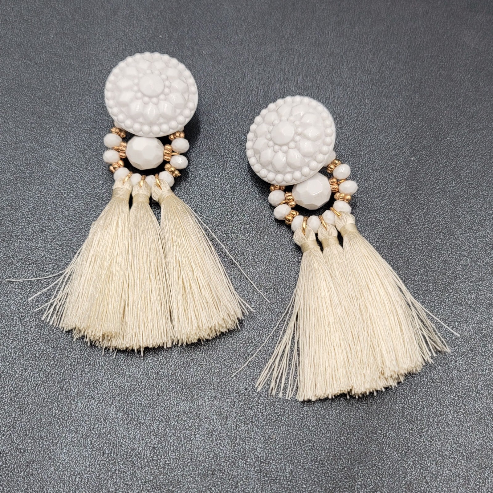 Large Statement Pierced Earrings White Acrylic Tassel Dangle 3.5"