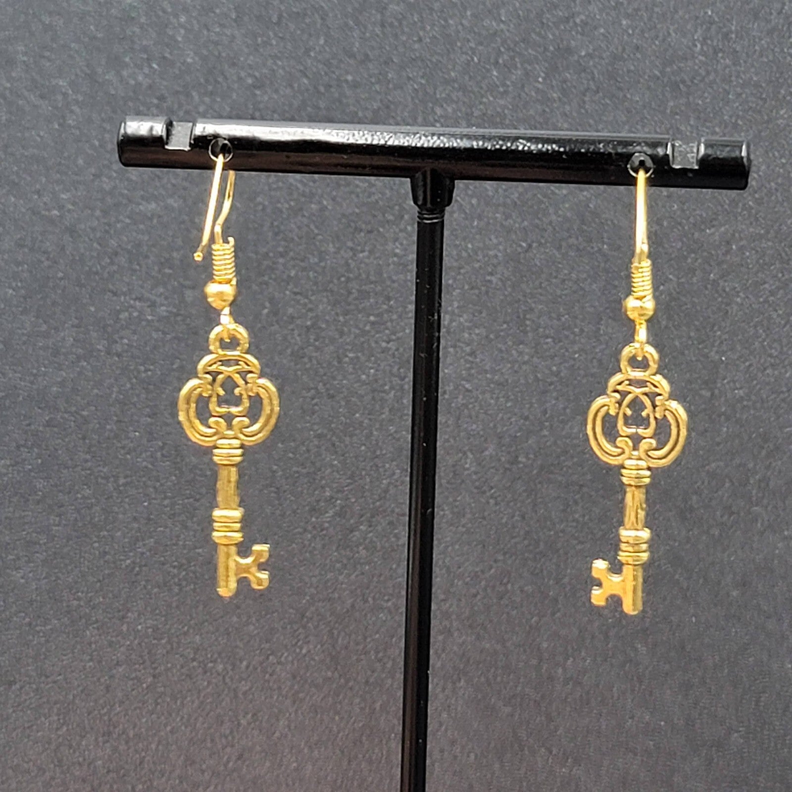 Skeleton Key Pierced Earrings Gold Plated Dangle 1"