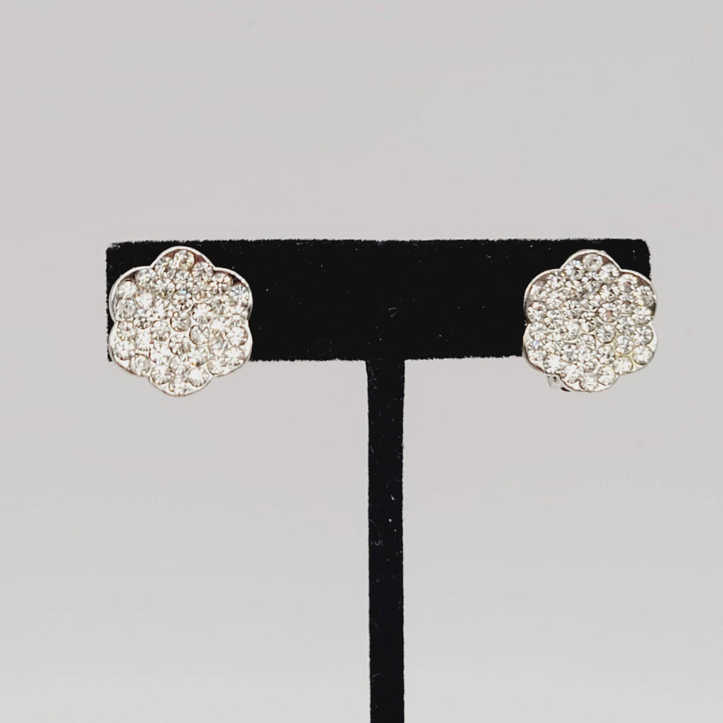 Vintage Rhinestone Flower Shape Clip on Earrings Silver tone 5/8 in