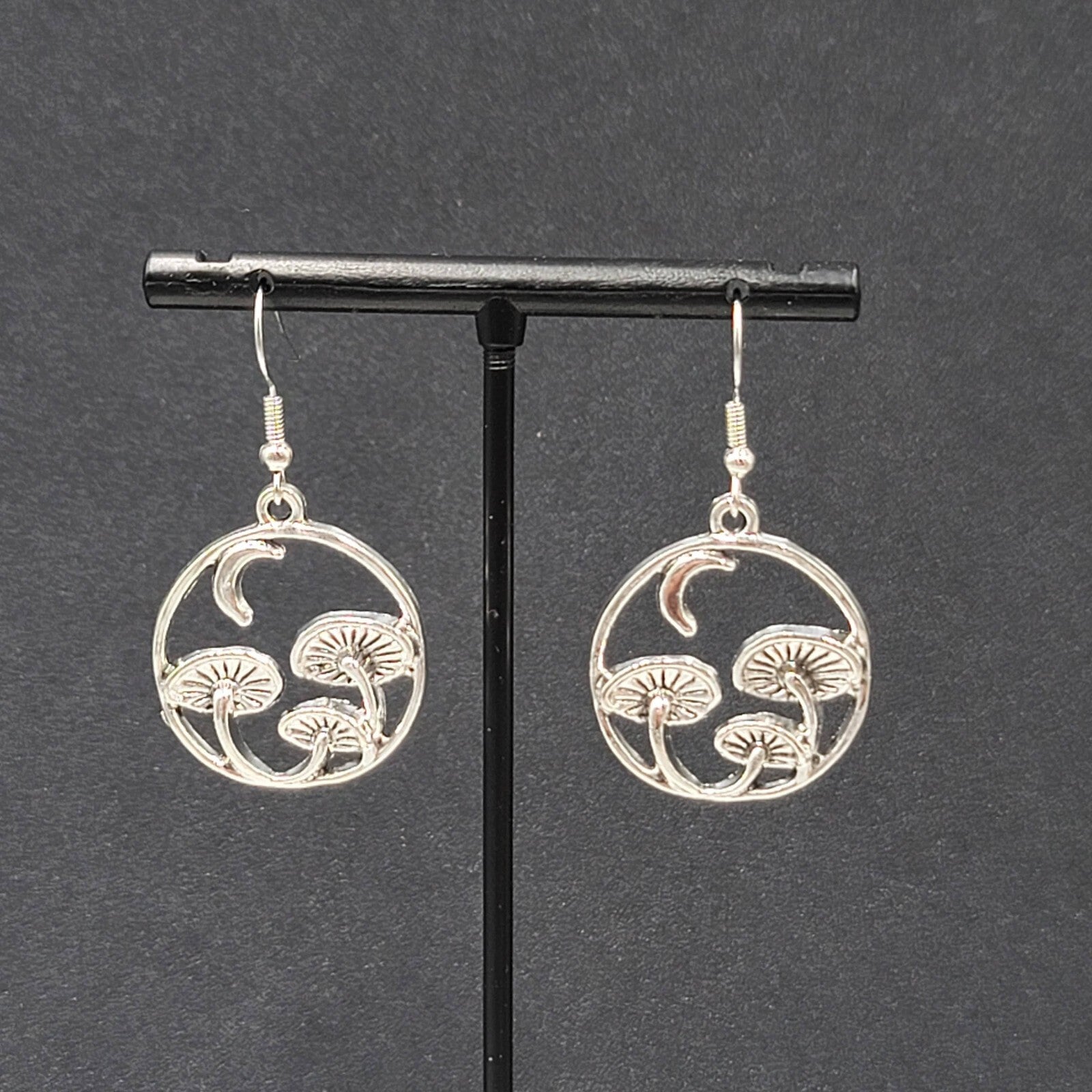 Mushroom Pierced Earrings New Silver tone Round Dangle 1"
