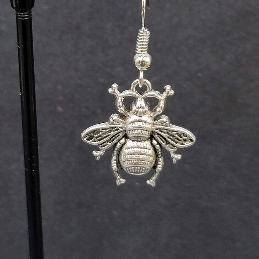 Bee Pierced Earrings Silver tone Fuzzy Embossed Dangle 7/8"