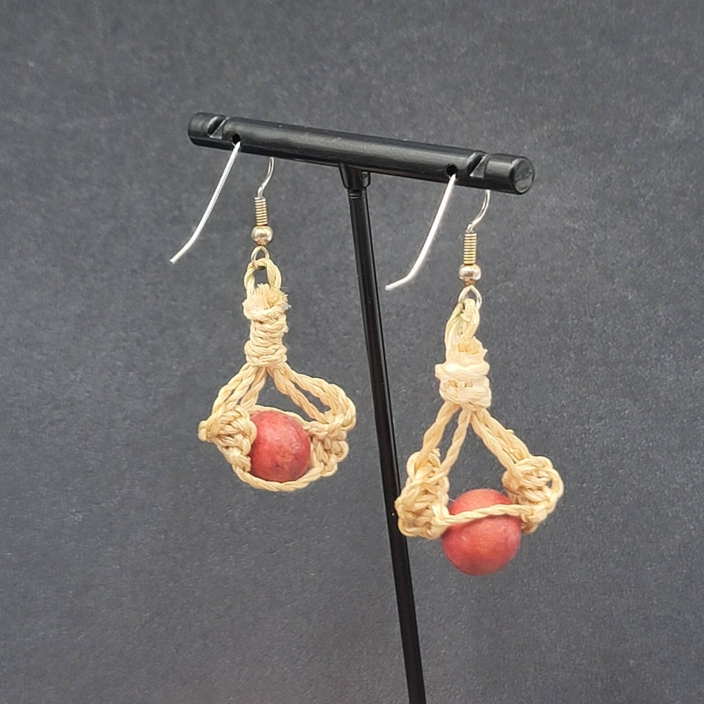 Boho Pierced Earrings Twine Knotted Wood Bead Dangle 1.5"