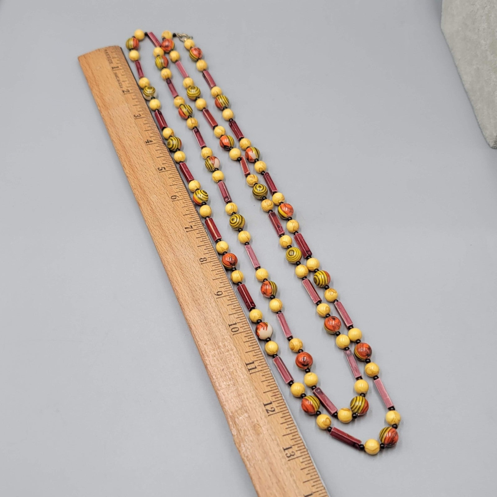 Vintage Extra Long Red Yellow Bead Necklace 52 in