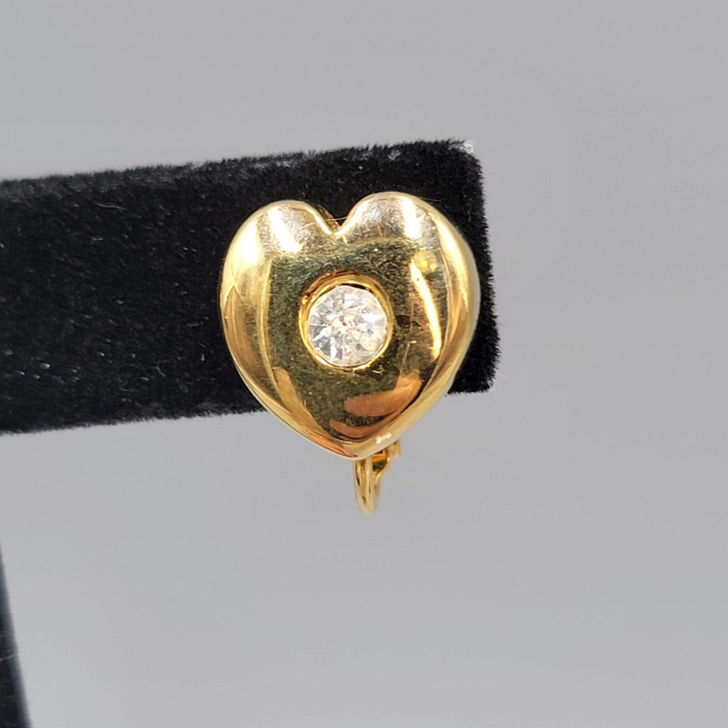 Vintage Goldette Heart Stud Clip on Earrings Gold Plated Rhinestone Center 1/2"