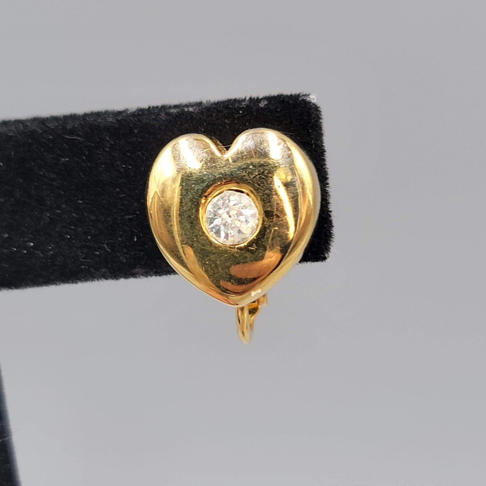 Vintage Goldette Heart Stud Clip on Earrings Gold Plated Rhinestone Center 1/2"