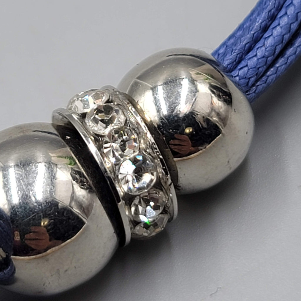 Long Necklace Blue Cord Silver tone Rhinestones 28"