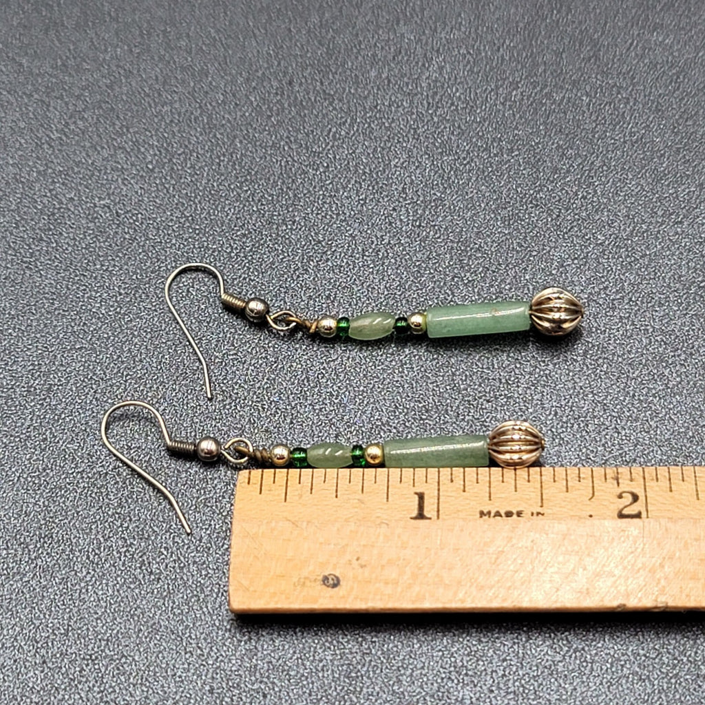 Pierced Earrings Silver tone Jade Beaded Long Thin Dangle  1.5"