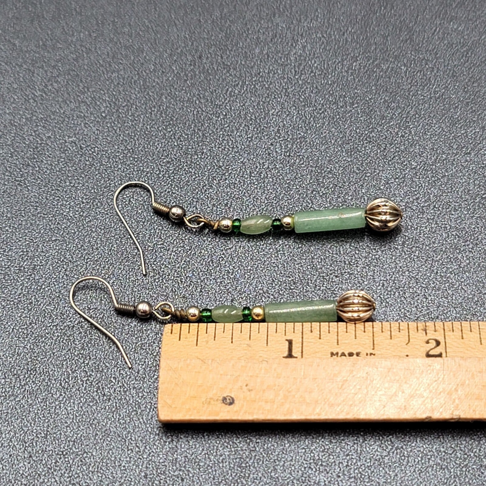 Pierced Earrings Silver tone Jade Beaded Long Thin Dangle  1.5"