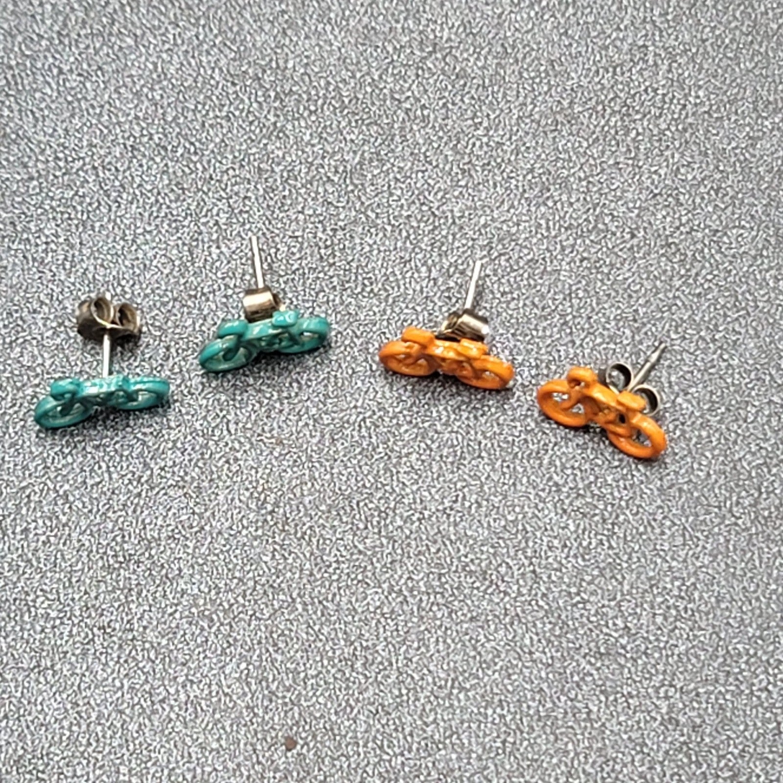 Vintage Bicycle Pierced Stud Earrings Lot of 2 Enamel Blue Orange 3/8"