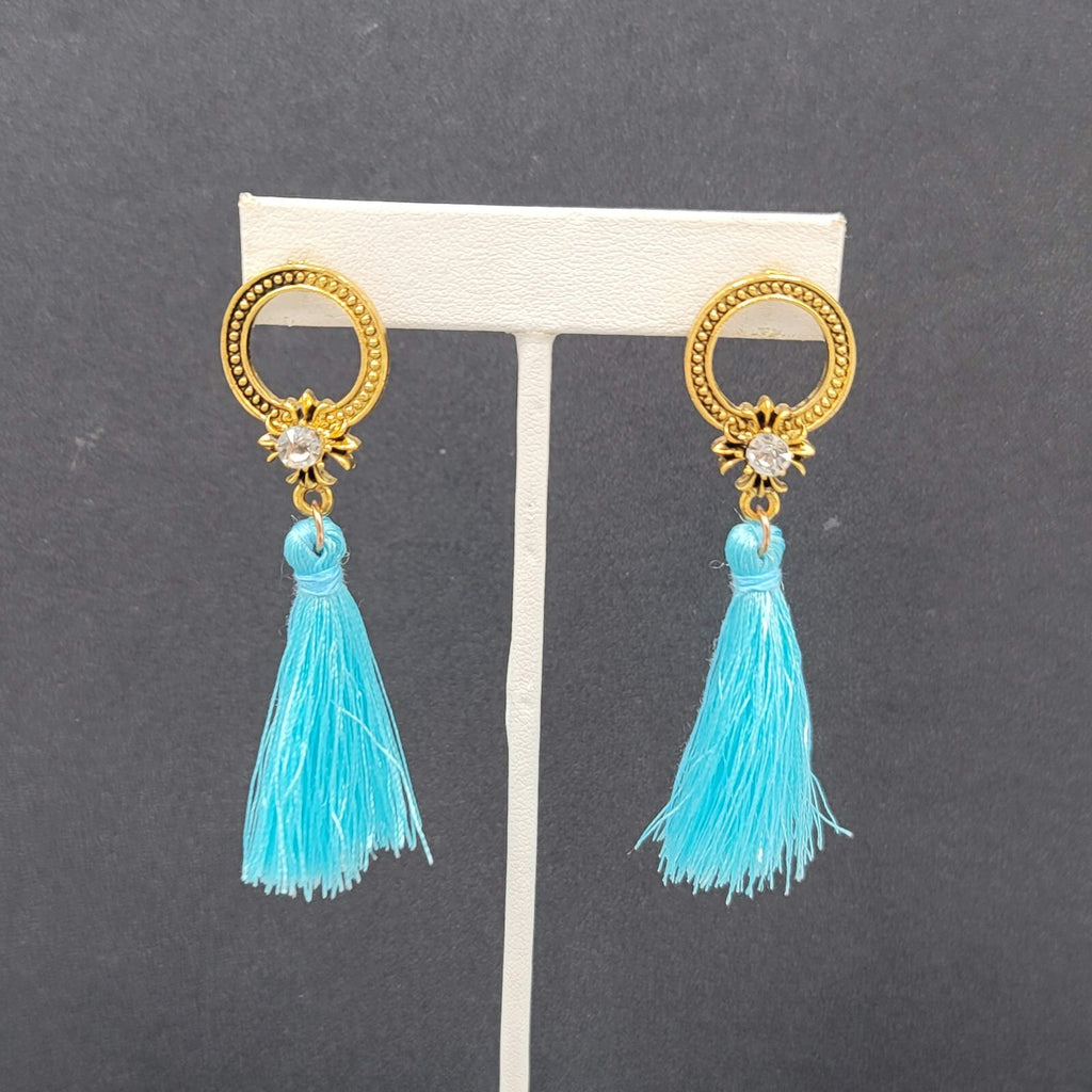 Pierced Earrings Gold tone Blue Tassel Rhinestone Statement Dangle 2.5"