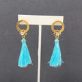 Pierced Earrings Gold tone Blue Tassel Rhinestone Statement Dangle 2.5"