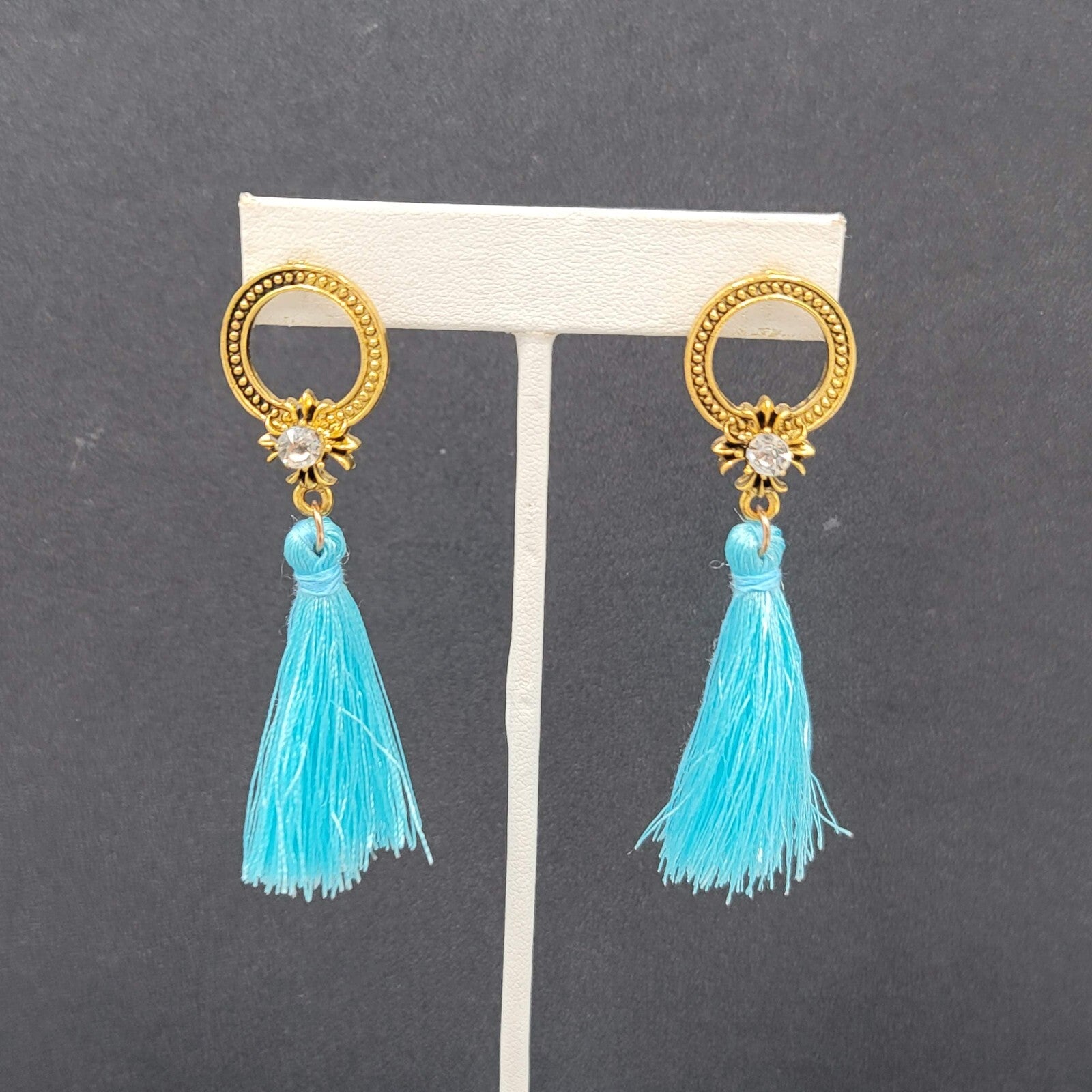 Pierced Earrings Gold tone Blue Tassel Rhinestone Statement Dangle 2.5"