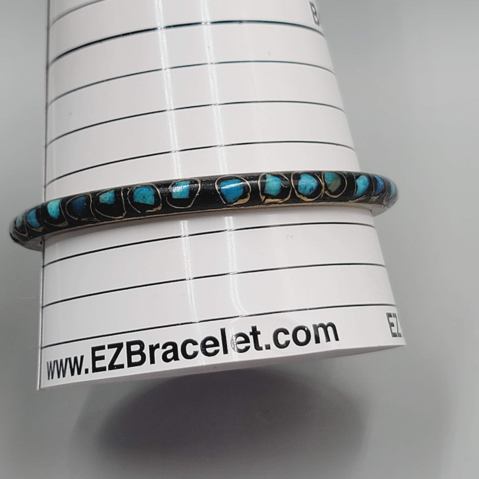 Vintage Black Blue Inlay Brass Bangle Bracelet Ethnic 8.25"