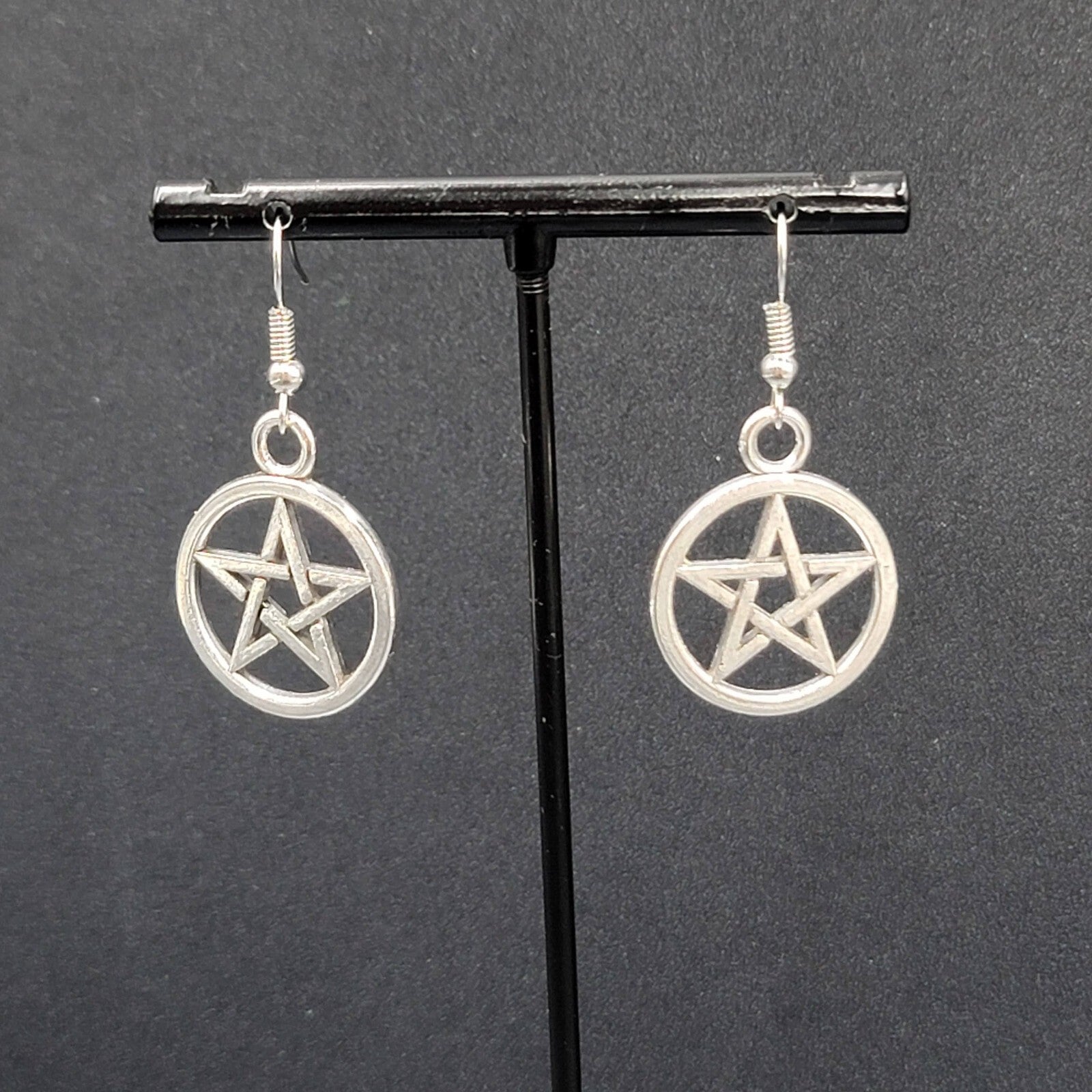 New Pentagram Circle Pierced Earrings Smooth Silver tone Dangle 1"