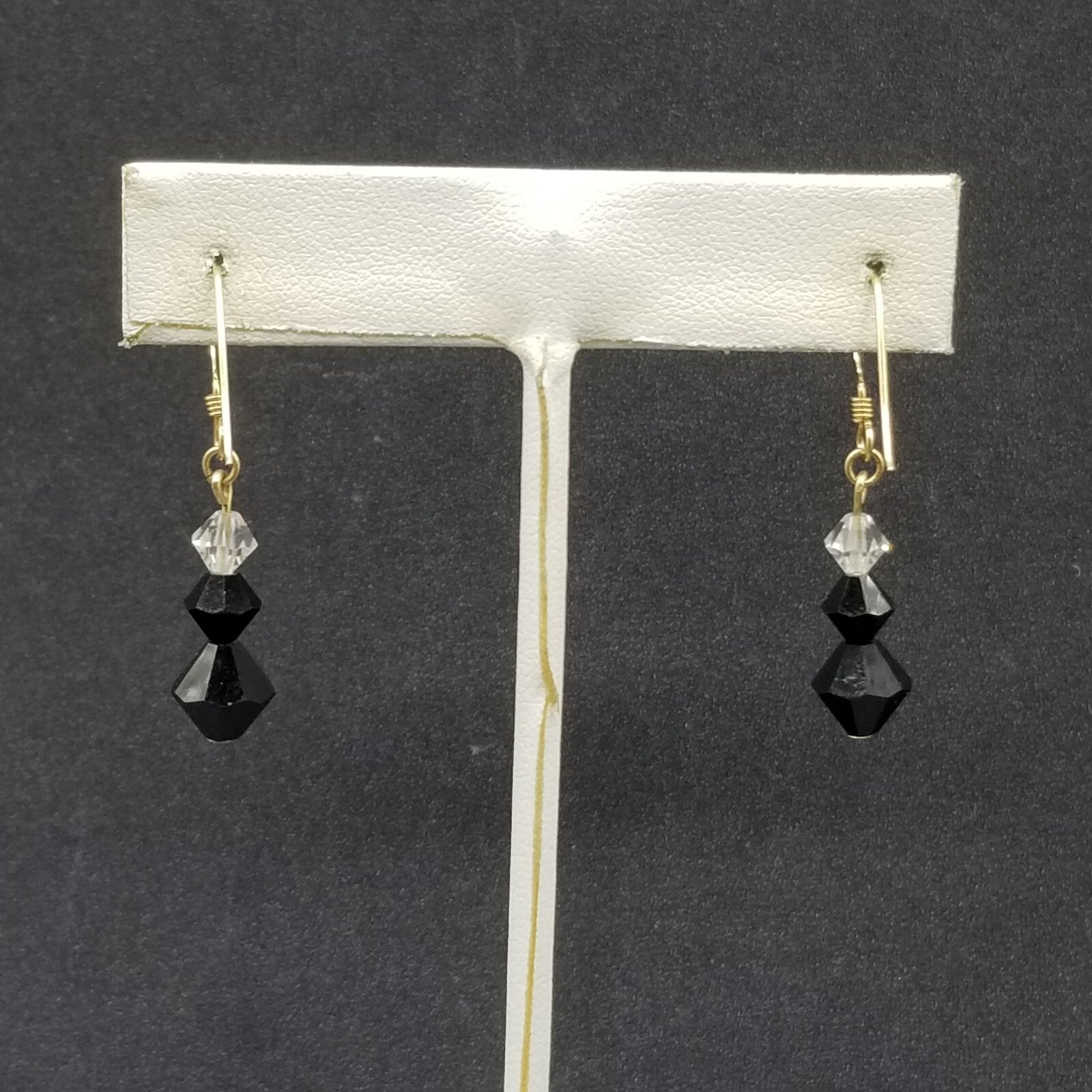 Pierced Earrings Gold tone Black Faceted Crystal Beaded Dangle 3/4"