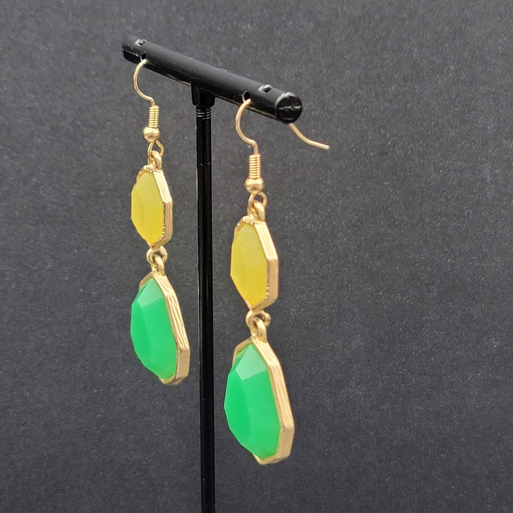 Pierced Earrings Gold tone Green Yellow Acrylic Dangle 1.75"