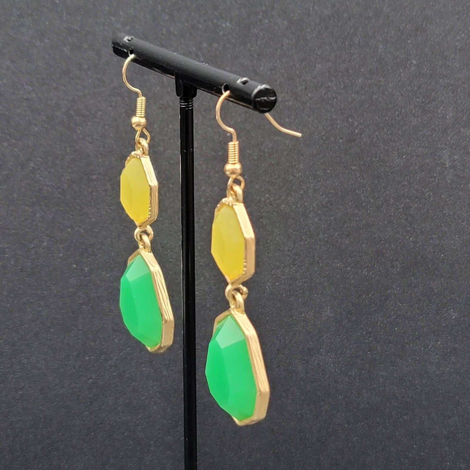 Pierced Earrings Gold tone Green Yellow Acrylic Dangle 1.75"