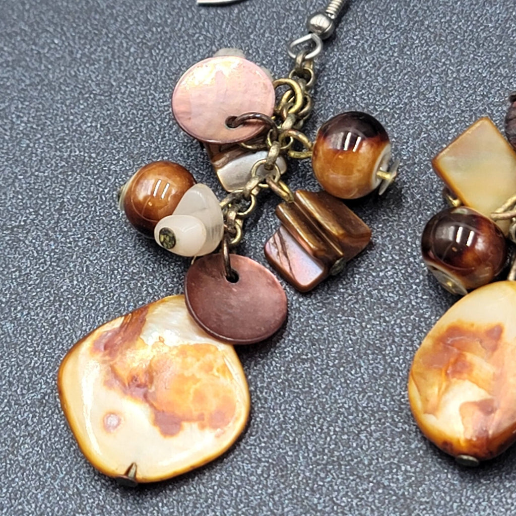 Pierced Earrings Brown Earth Tones Cluster Bead Shells 2.25"