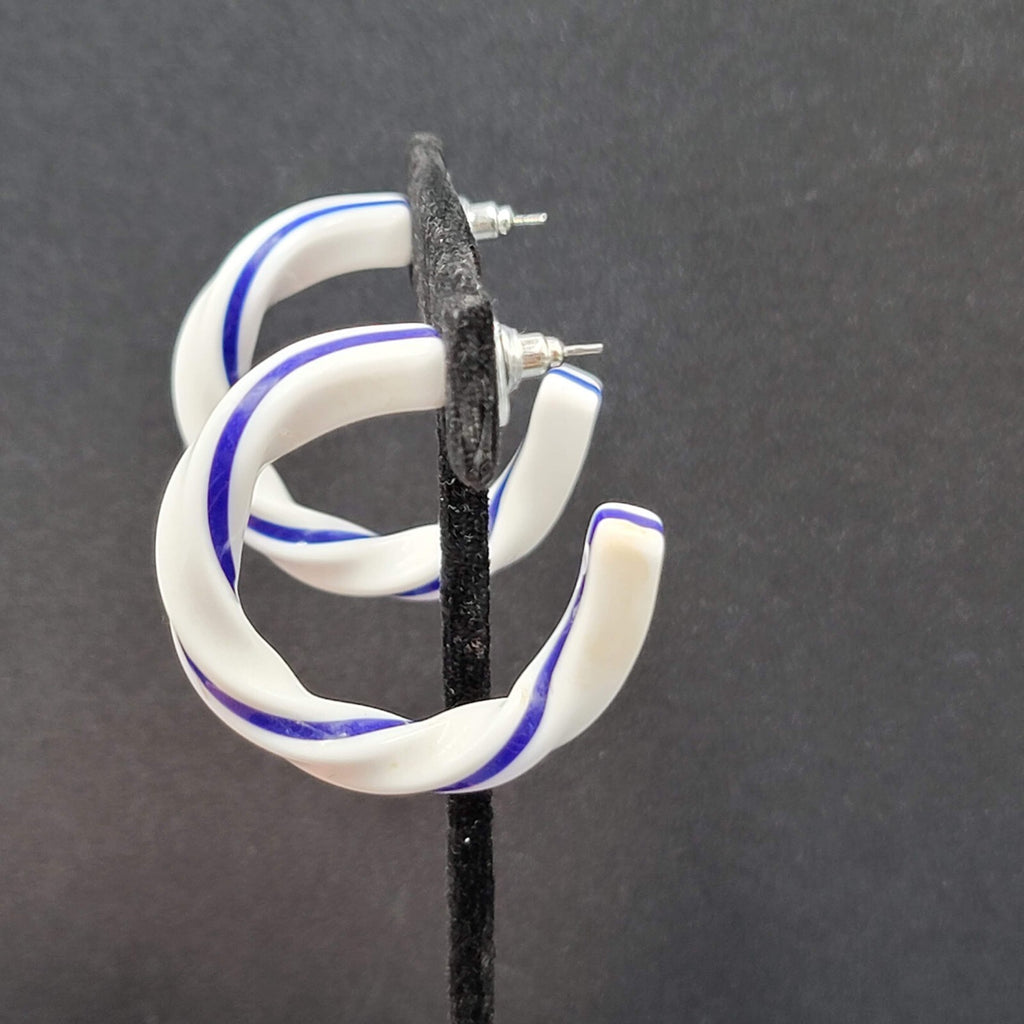 Pierced Earrings White Blue Acrylic Twist Hoops  1.5"