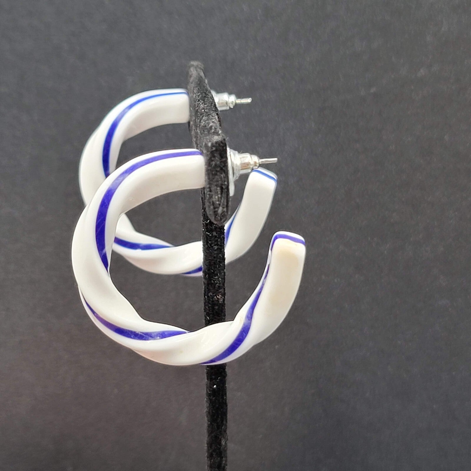 Pierced Earrings White Blue Acrylic Twist Hoops  1.5"