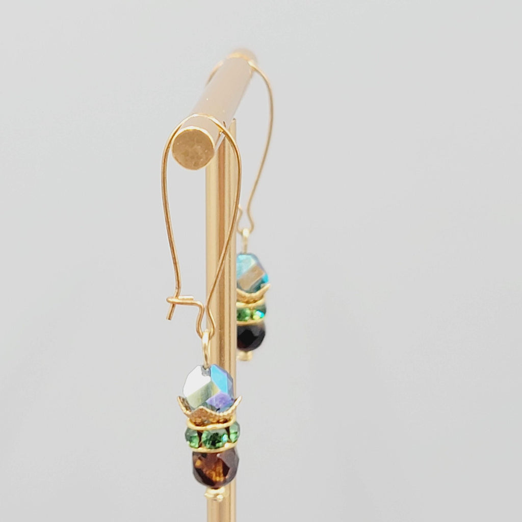 Multicolor Faceted Bead Pierced Earrings Long Gold tone Hooks 1.75"