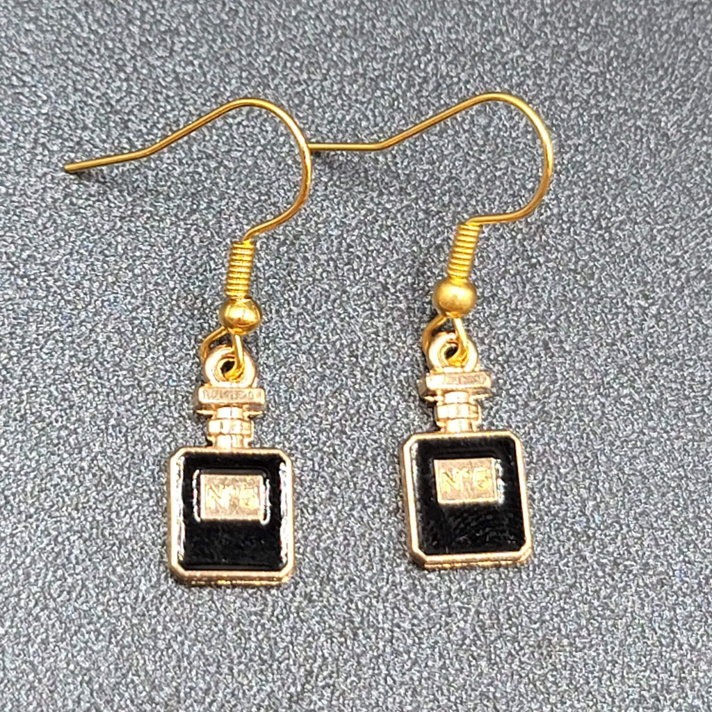 No 5 Perfume Pierced Earrings Gold tone Black Enamel Dangle 5/8"